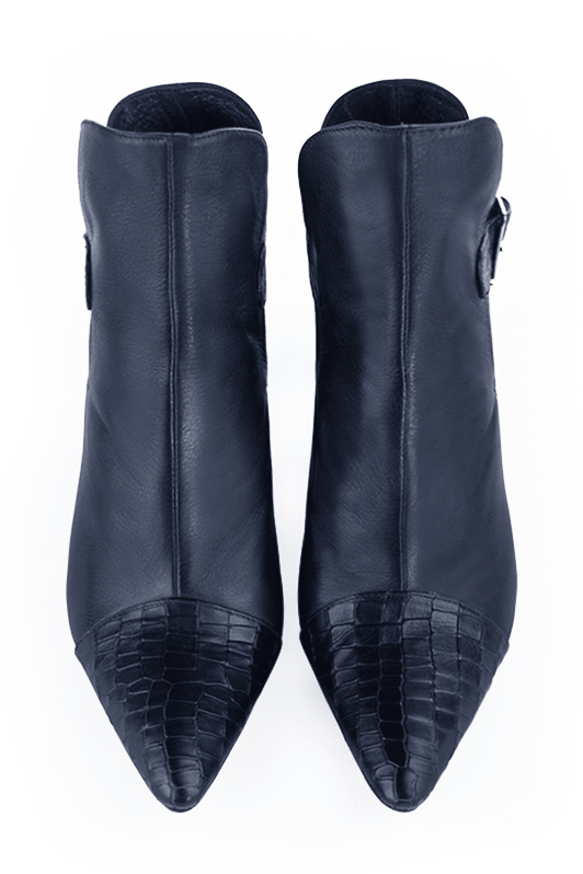 Navy blue women's ankle boots with buckles at the back. Tapered toe. Medium flare heels. Top view - Florence KOOIJMAN